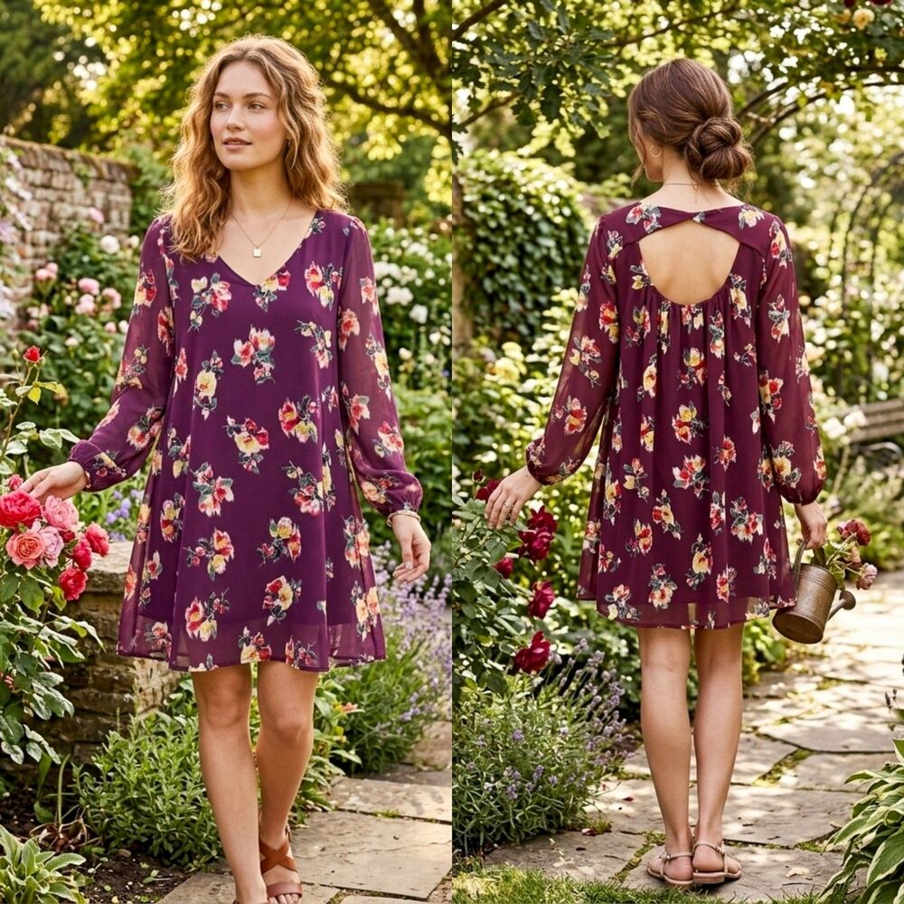 Entro Size Large floral swing dress features a deep burgundy chiffon overlay